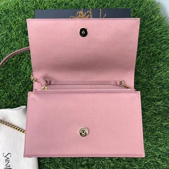 SAINT LAURENT KATE TASSEL CLUTCH ON CHAIN ROSE PINK SATIN GOLD HARDWARE NEW!